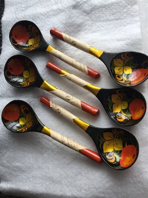 Hand Painted Russian Spoons Set Of 6 Wooden Spoons Khokhloma Etsy