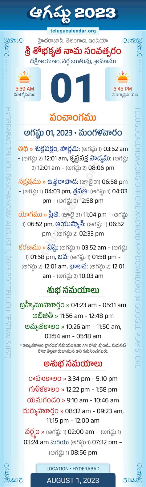 Telangana Panchangam August 1 2023 Telugu Calendar Daily