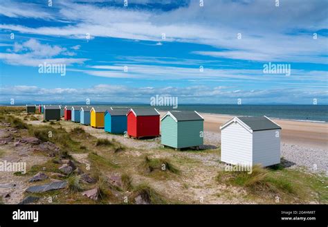 Colourful Beach Huts On Beach At Findhorn In Moray Morayshire