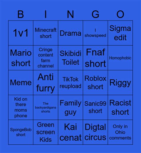 Sanic99 Youtube Shorts Bingo Card