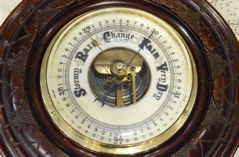 Early 1900s English Antique Aneroid Wood Carved Barometer And