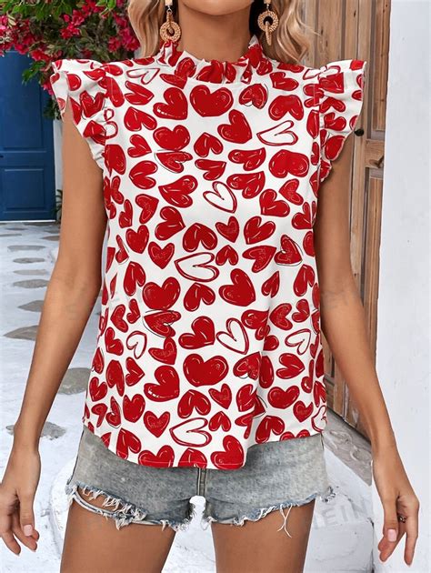 Shein Vcay Heart Print Ruffle Trim Mock Neck Valentines Blouse Shein Usa