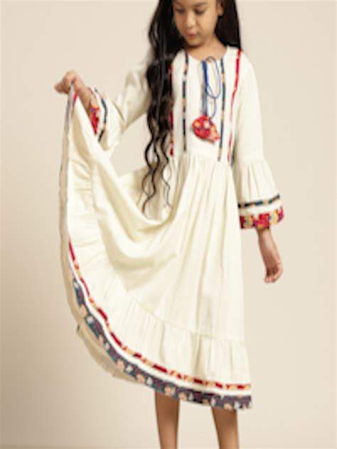 Buy Sangria Girls Off White Solid Gathered A Line Dress With Ethnic