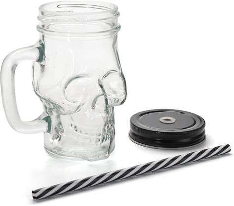 Topzea 6 Pack Glass Mason Drinking Jars With Handle 16 Oz Skull Beer Mugs Wide Mouth Tumbler