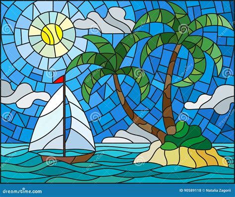 Stained Glass Illustration With The Seascape Tropical Island With Palm