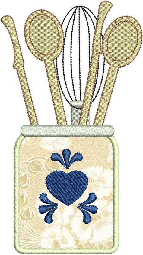 A Jar With Spoons And Utensils In It That Is Embroidered Onto The Side