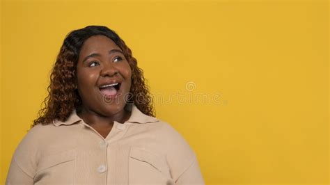 Curious Chubby Black Woman Looking At Copy Space Stock Image Image Of