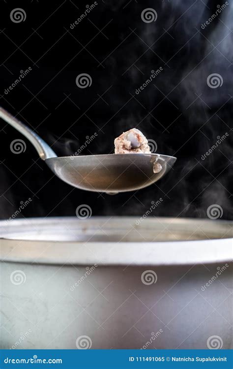 Pork Rip In Soup Scoop With Stainless Hot Pot Water Drop Onion And