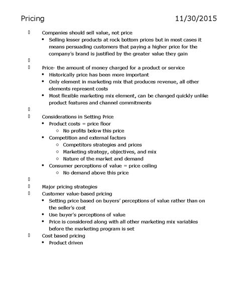 Chapter Summary Principles Of Marketing Pricing Companies