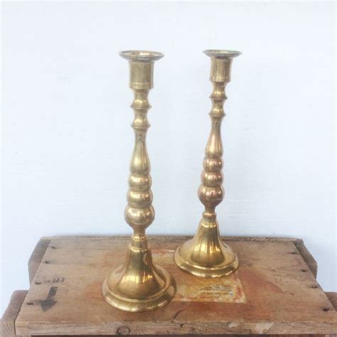 Tall Pair Solid Brass Candlestick Holders Made In India Ca Etsy Vintage Candlesticks Brass