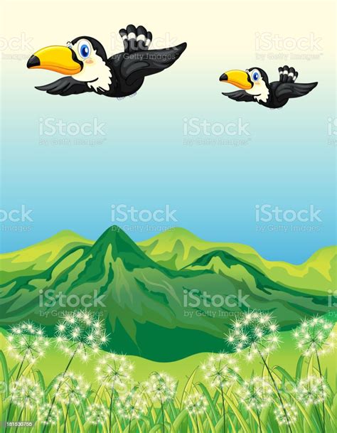 Two Birds Flying Along The Mountains Stock Illustration Download