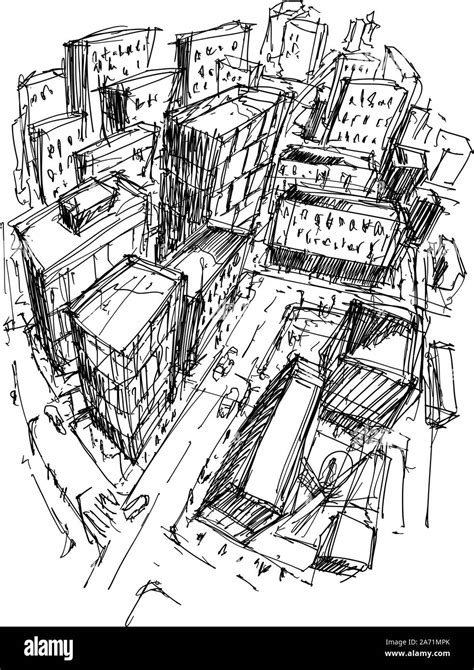 hand drawn architectural sketch of a modern city with high buildings ...