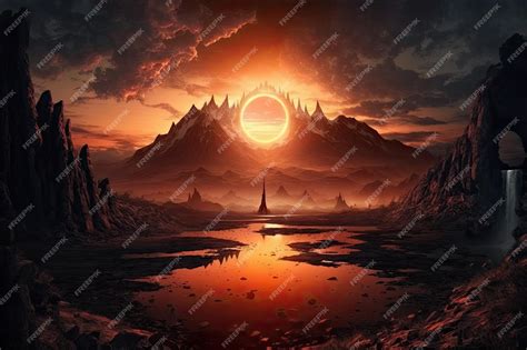 Premium Ai Image Mordor Landscape With Sun Setting In The Background