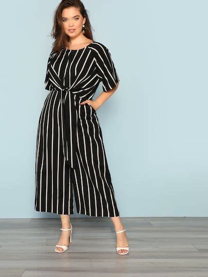 Shein Plus Knot Front Striped Wide Leg Jumpsuit Plus Size Jumpsuit