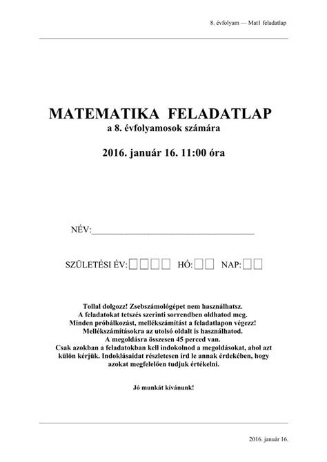 PDF MATEMATIKA FELADATLAP oktatas hu 8 évfolyam Mat1