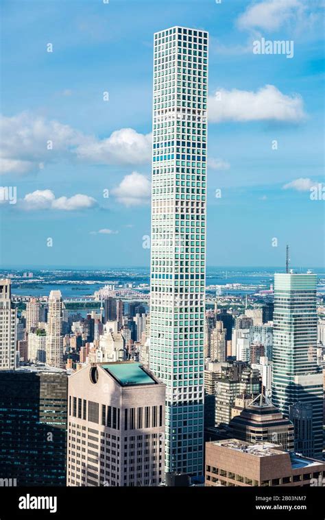 Elevated view of the skyline of modern skyscrapers of Manhattan with the "skinny tower" from Top ...