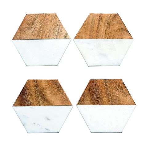 Wood And Marble Hexagon Coaster Set Of