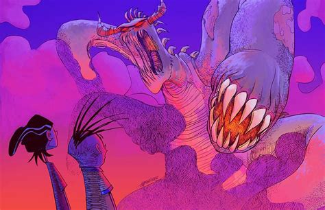 an image of two monsters attacking each other in front of a purple sky with clouds