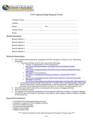 Fillable Online Fha Sponsorship Request Form Platinum Mortgage Inc