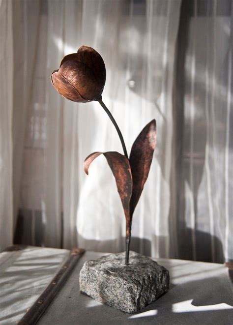 Metal Sculpture Copper Tulip On Stone Base Forged Welded Metal Flower