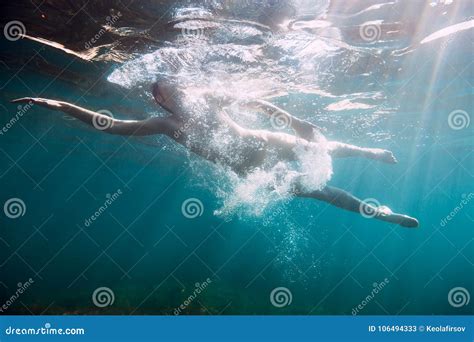 Naked Woman Swimming In Sea And Air Bubbles Stock Image Image Of Girl Blue 106494333