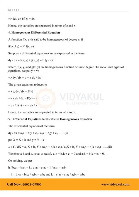 Class Th Math Differential Equations Formulas Cbse