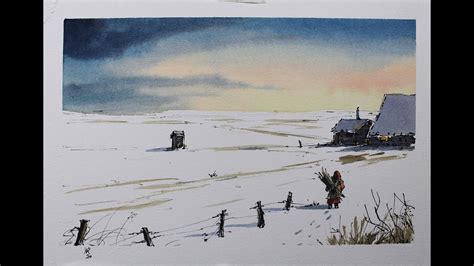 Line And Wash Winter Scene Crooked Lines Watercolor In Full Real Time