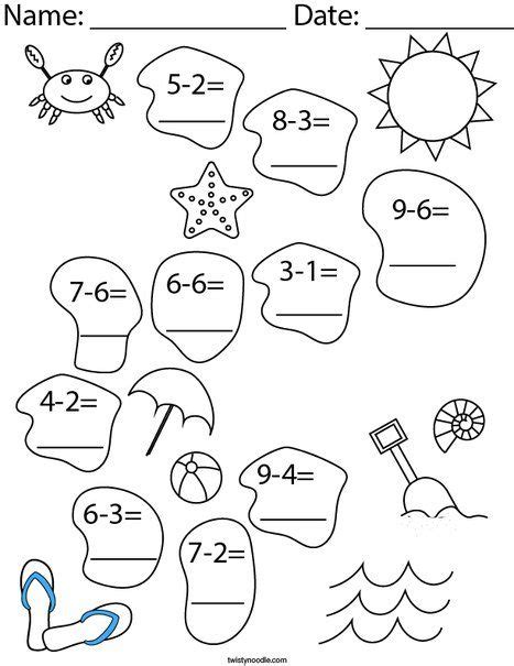 Subtraction At The Beach Math Worksheet Twisty Noodle Math Worksheets Holiday Math