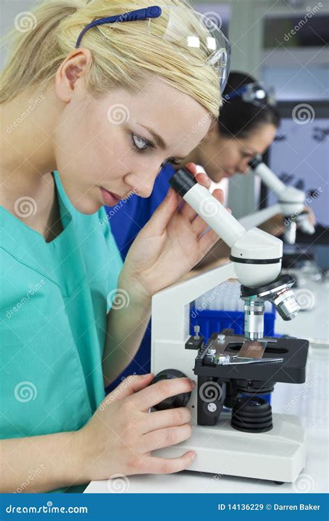 Female Scientists Using Microscopes In Laboratory Stock Image Image