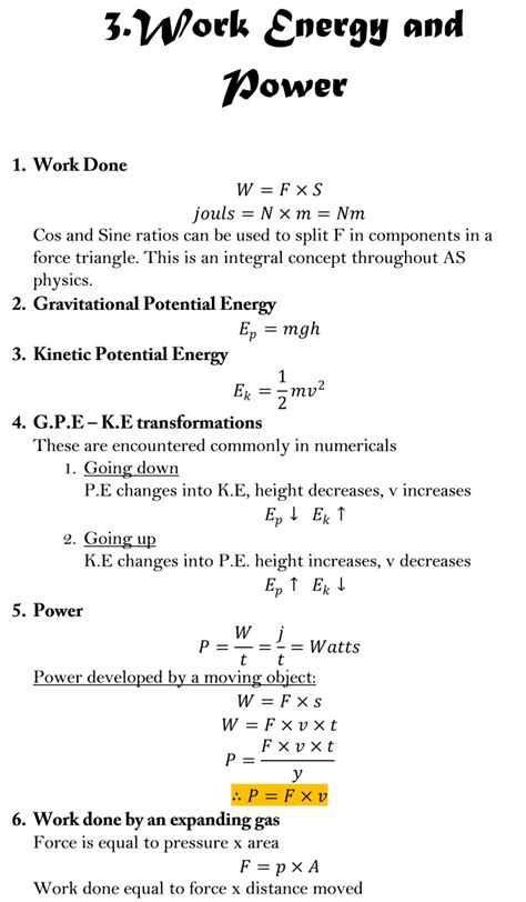 Work Power And Energy Formula Sheet