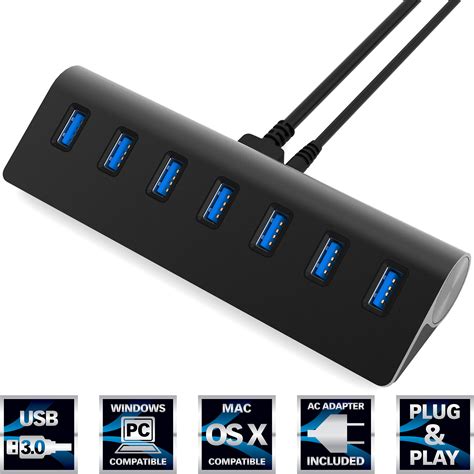 Sabrent Premium 7 Port Aluminum USB 3.0 Hub (5V/4A Power Adapter) Black ...