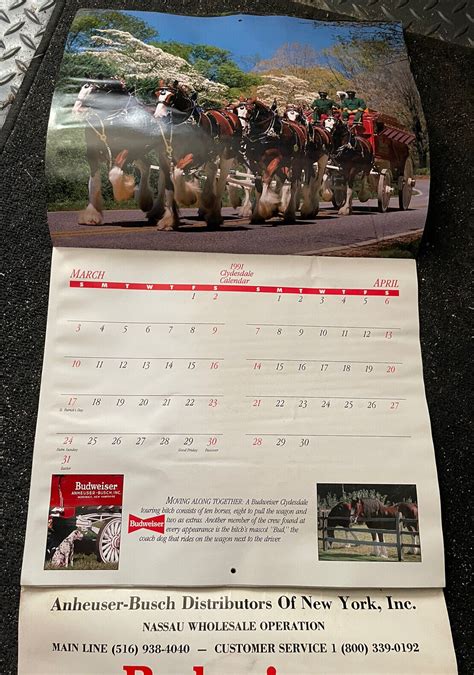 1991 Wall Calendar Budweiser's Beer Clydesdales Horses! Anheuser Busch ...