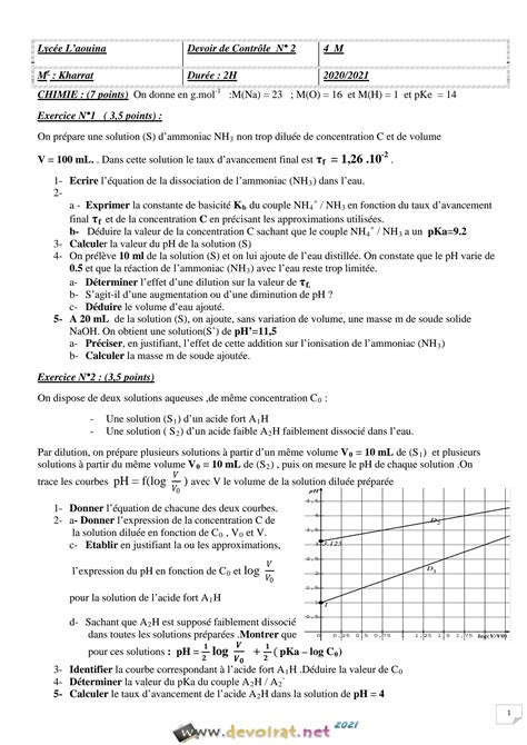 SOLUTION Devoir De Contro Le N 2 Sciences Physiques Bac Mathe Matiques