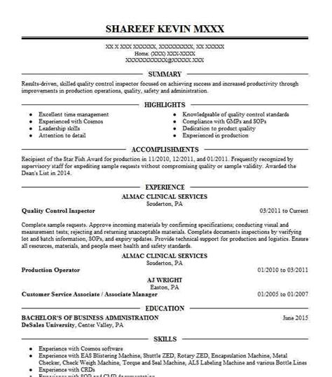 Quality Control Resume Sample Quality Control Inspector Resume Sample