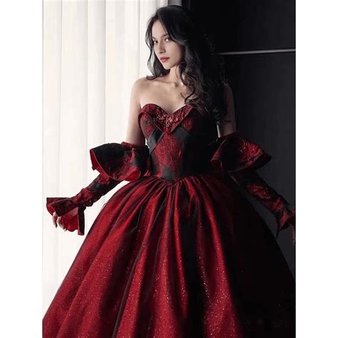 Gothic Black And Red Wedding Dress With Gloves Burgundy Ball Gown