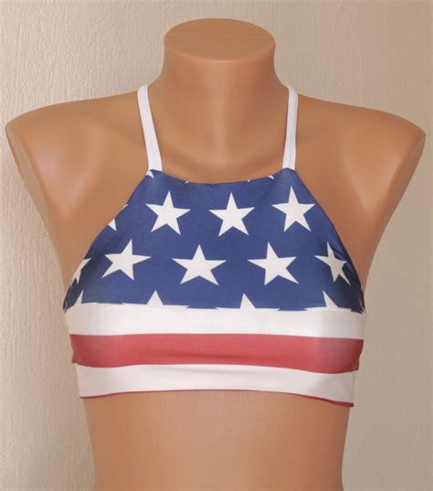 BS1257 PADDED American Flag High Neck Halter Bikini By Bstyle