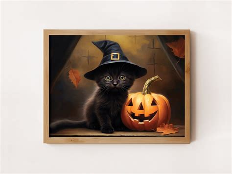 Witchy Kitten in Witch Hat Printable Wall Art Instant Digital Download Cute Black Cat and ...