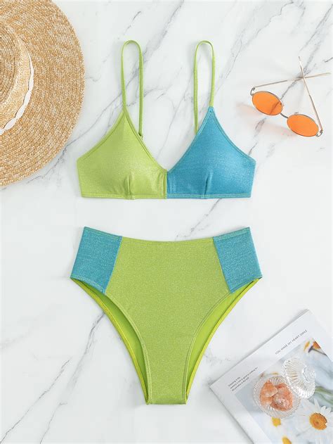 Bañador bikini de color combinado brillante Moda de Mujer SHEIN México