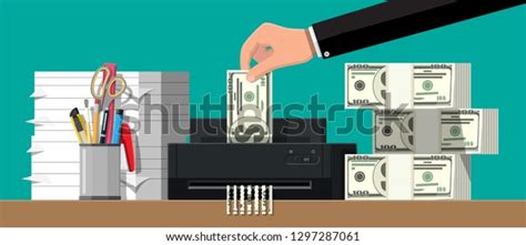 Hand Putting Dollar Banknote Shredder Machine Stock Vector Royalty