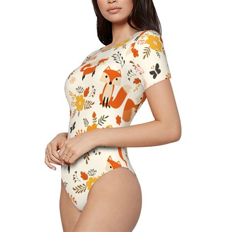 Uemuo Flower Fox Pattern Womens One Piece Short Sleeve Swimsuit Rash