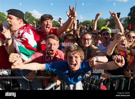 Welsh Football Fans Celebrate In The Cardiff Fan Zone In Coopers Field