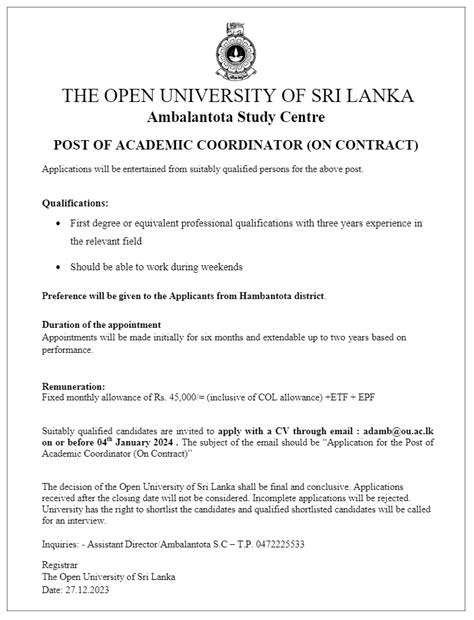 Academic Coordinator The Open University Of Sri Lanka