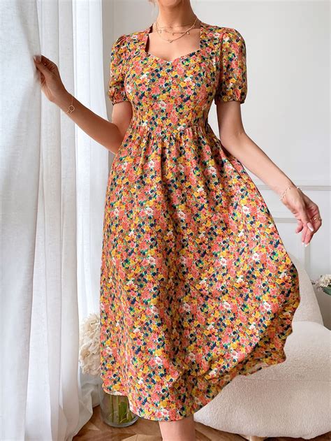 Floral Print Sweetheart Neck Puff Sleeve Dress