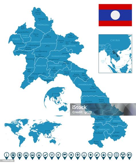 ラオス 都市地域世界地図と地球上の位置と詳細な青い国の地図インフォグラフィックアイコン アイコンのベクターアート素材や画像を多数ご用意
