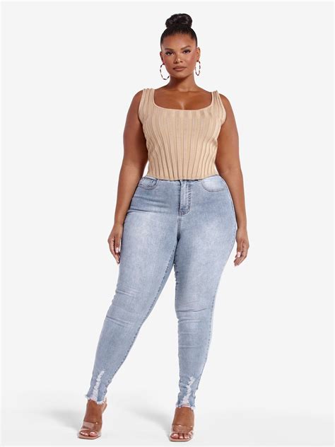 Plus Size High Rise Destructed Curvy Skinny Jeans Tall Inseam