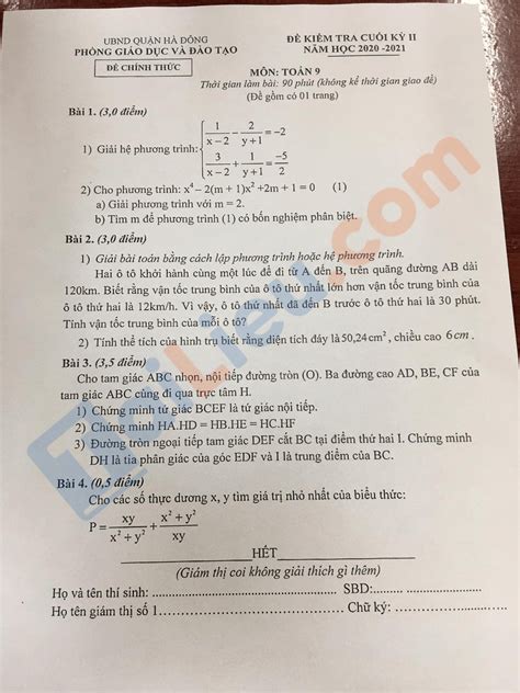 Đề thi học kì 2 Lớp 9 môn Toán 2021 Phòng GD ĐT Hà Đông Hà Nội