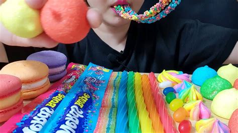 ASMR RAINBOW FOODS NERDS ROPE JELLY MARSHMALLOWS MACARON JELLY BEAN