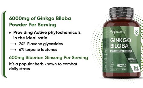 Ginkgo Biloba 6000mg And Ginseng 600mg 1 Year Supply Standardized 24 Flavone Glycosides And 6