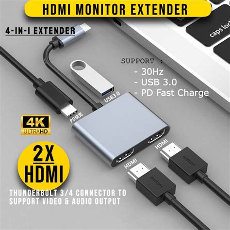 HDMI Extender Hub Splitter Dual Monitor VGA 2 IN 1 Switch USB Type C ...