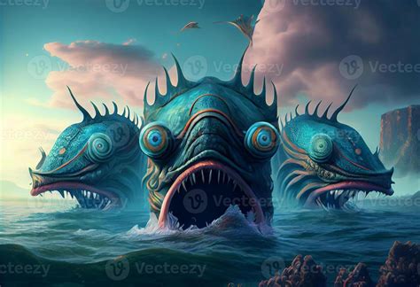 Three Head Sea Monster Fantasy 3d Illustration Digital Art Landscape Wallpaper 25472310 Stock